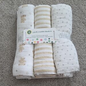 Little Me Neutral Muslin Swaddle Blankets – Cream, White & Tan Patterns, 3-Pack